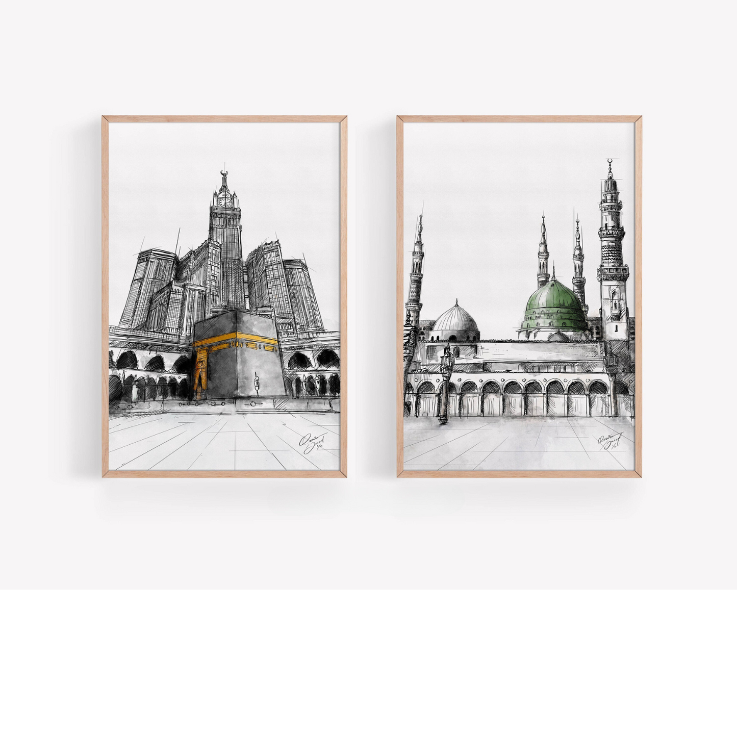 Al-Masjid An Nabawi and Kaaba in Sketch (Set of 2)